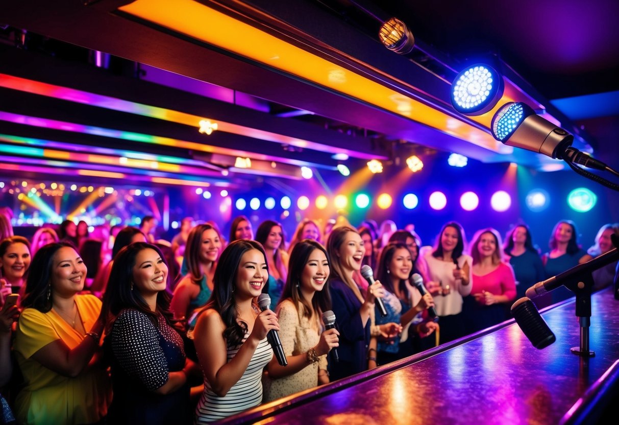 A lively bar scene with colorful stage lights, a microphone, and a crowd of women enjoying karaoke specials