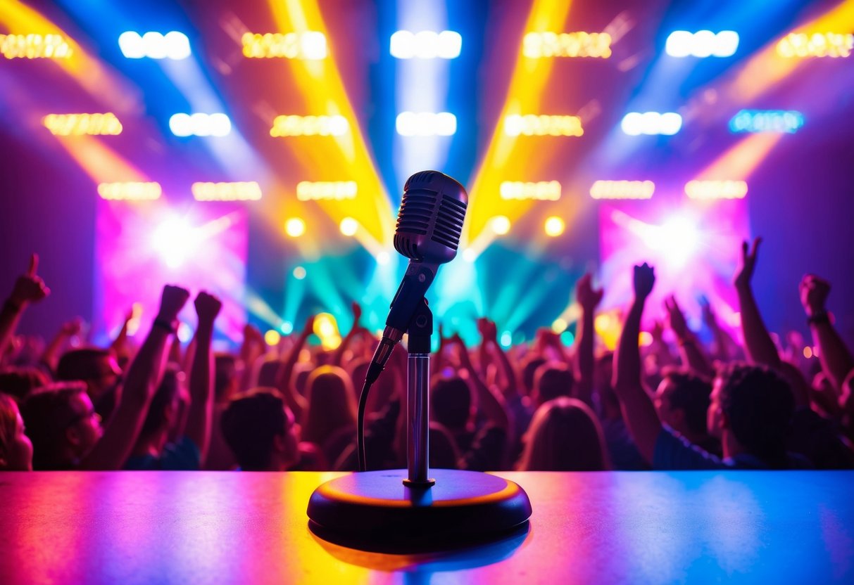 A colorful stage with flashing lights and a microphone stand surrounded by cheering fans