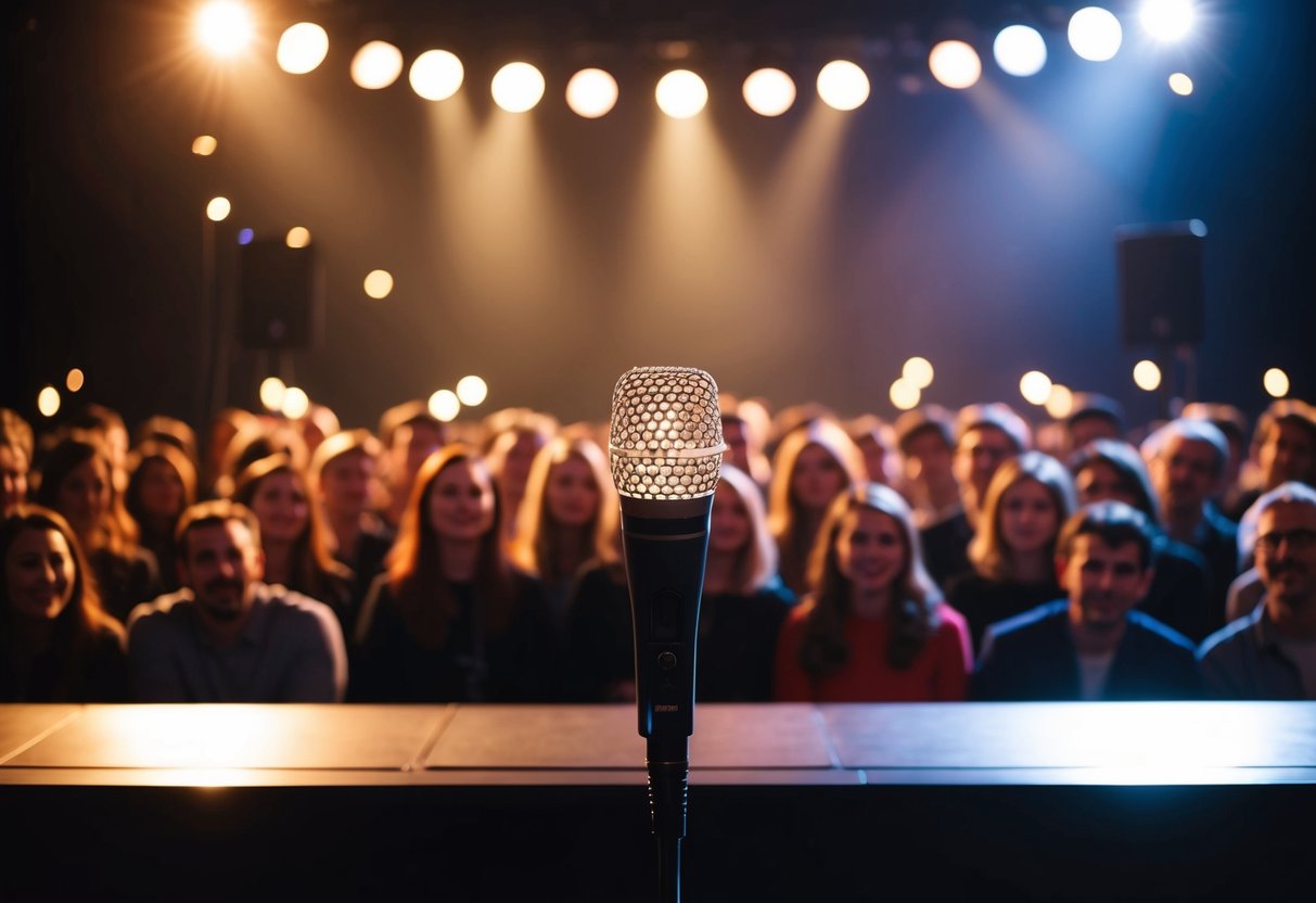 A dimly lit stage with a glowing microphone surrounded by a crowd of eager onlookers