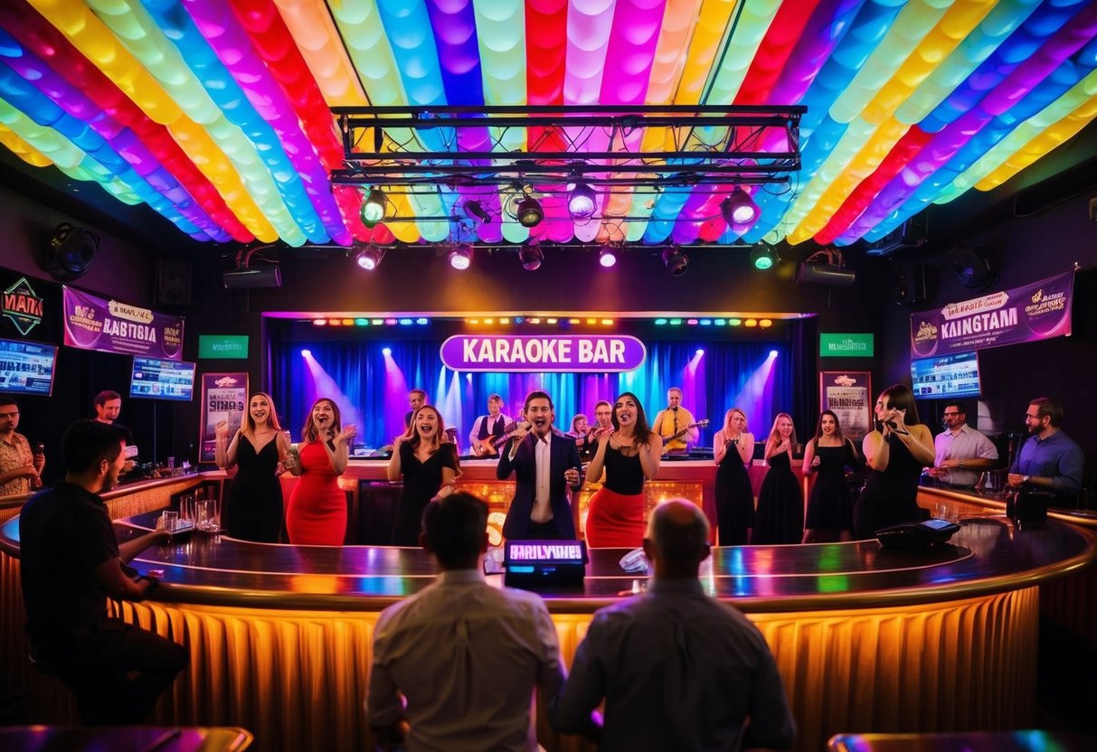 A lively karaoke bar with colorful lights and a stage, where people are singing and dancing, surrounded by promotional banners and signs