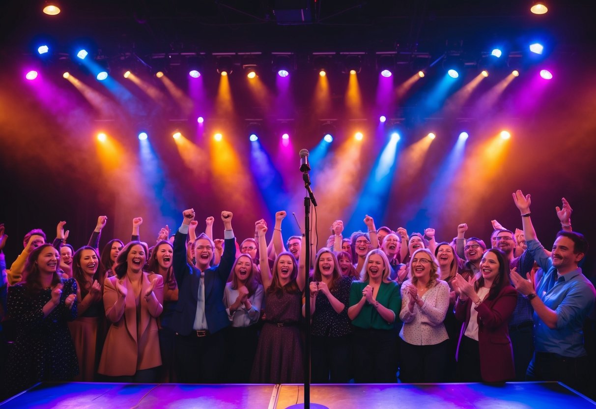 A stage with colorful lights and a microphone surrounded by enthusiastic audience members cheering and clapping