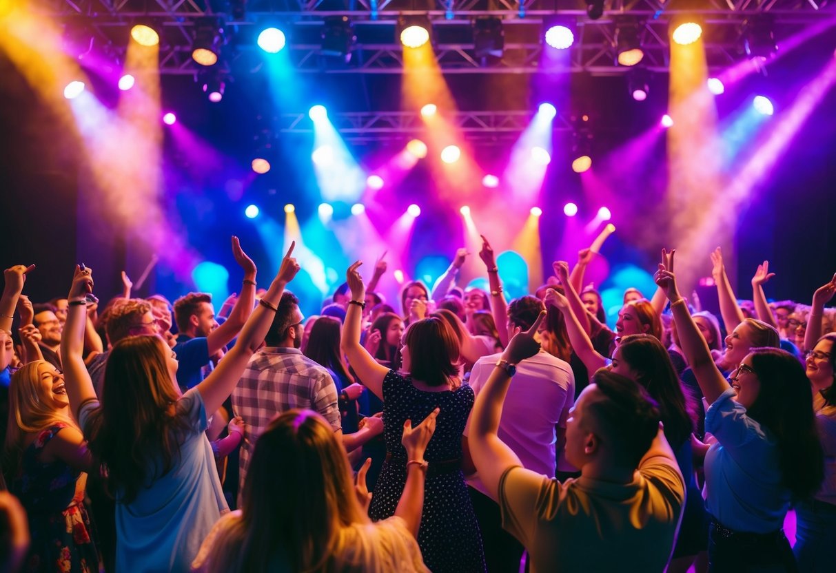 A lively karaoke event with colorful stage lights and a crowd of enthusiastic participants singing and dancing