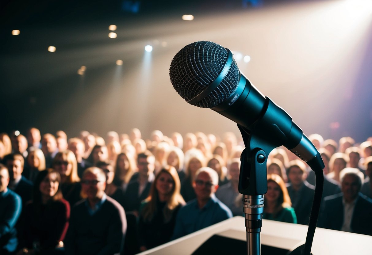 A microphone on a stage with a spotlight and a crowd of people watching