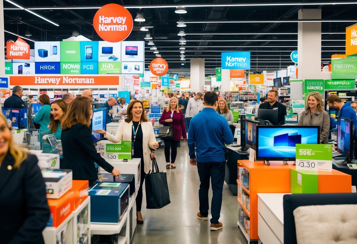 A bustling store with colorful displays and excited customers browsing through discounted electronics and furniture at a Harvey Norman promotions event