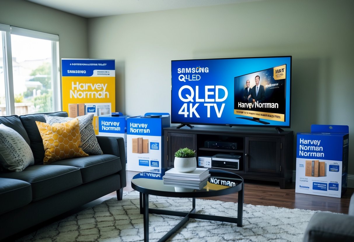 A living room with a Samsung QLED 4K TV as the focal point, surrounded by Harvey Norman promotional materials