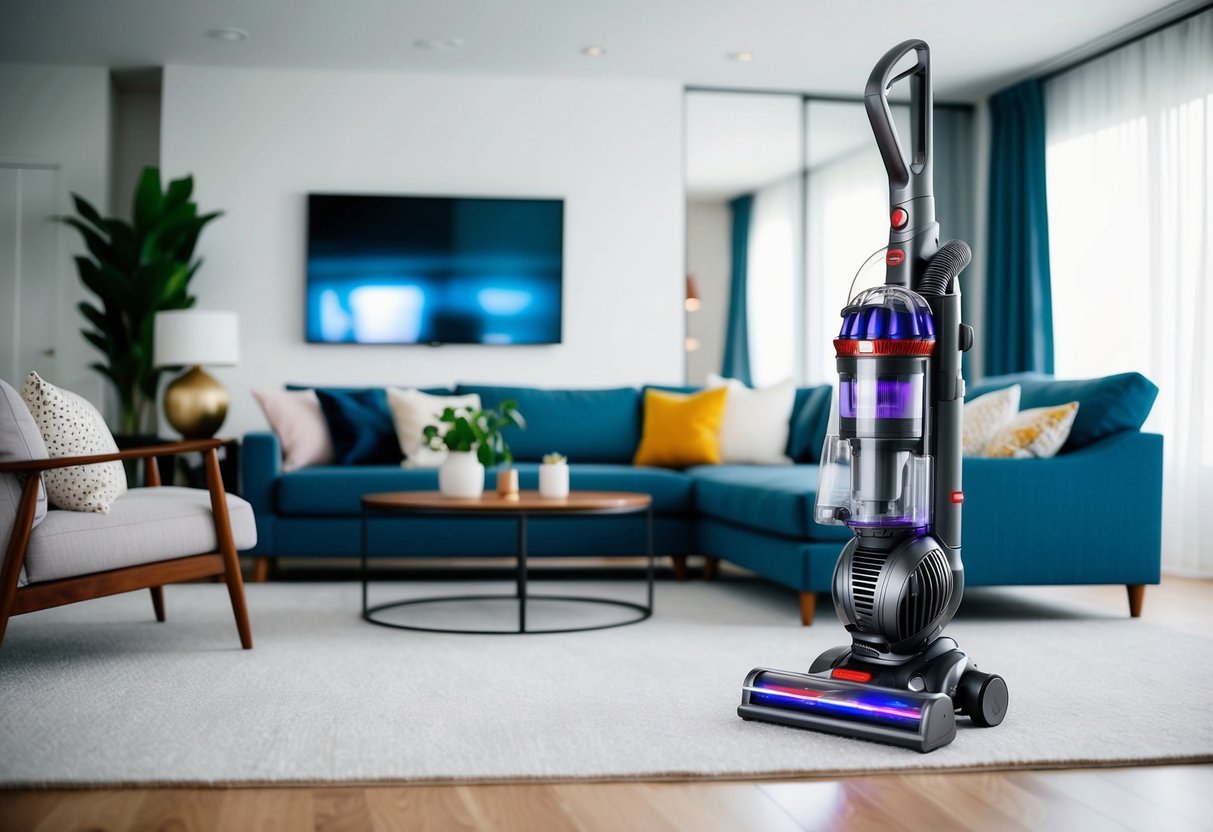 A modern living room with Dyson V11 Absolute Cordless Vacuum prominently displayed, surrounded by various home furnishings