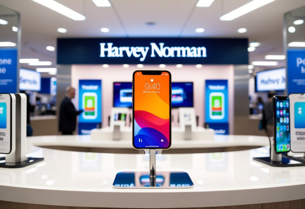 An Apple iPhone 15 displayed on a sleek, modern table in a brightly lit Harvey Norman store, surrounded by promotional signage and other electronic devices
