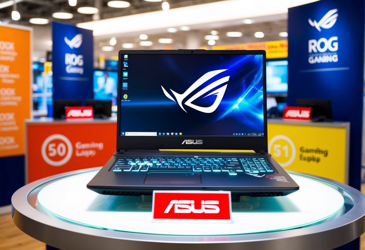 A sleek ASUS ROG Gaming Laptop sits on a display table at a Harvey Norman store, surrounded by promotional signs and bright lighting