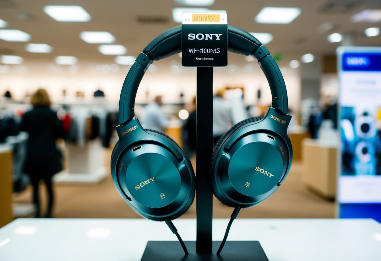 A pair of Sony WH-1000XM5 headphones displayed on a promotional stand at a Harvey Norman store
