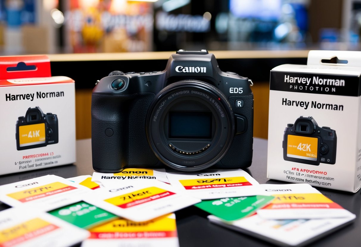 A Canon EOS R5 camera displayed among Harvey Norman promotions