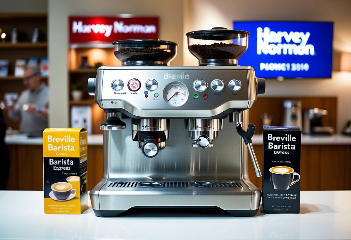 A Breville Barista Express Coffee Machine displayed with Harvey Norman promotions