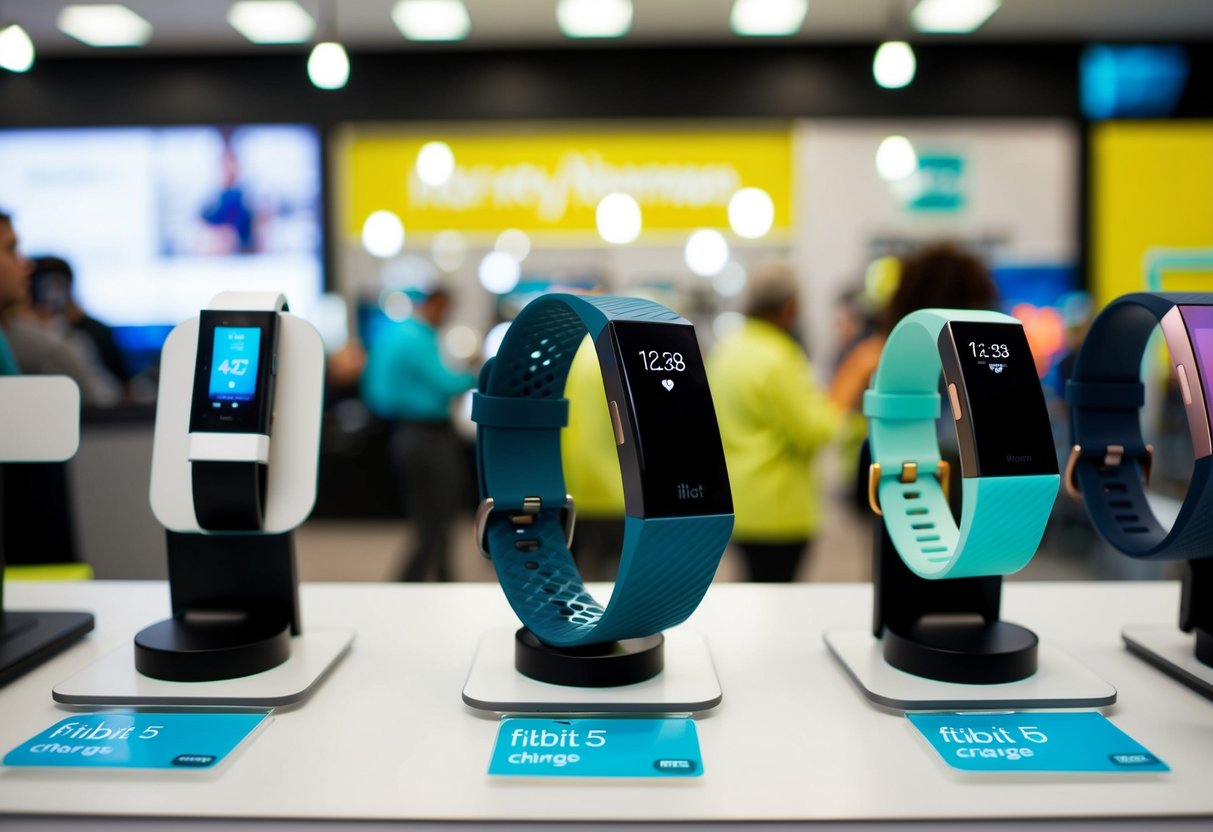A Fitbit Charge 5 Fitness Tracker displayed among other tech gadgets at a Harvey Norman store promotion