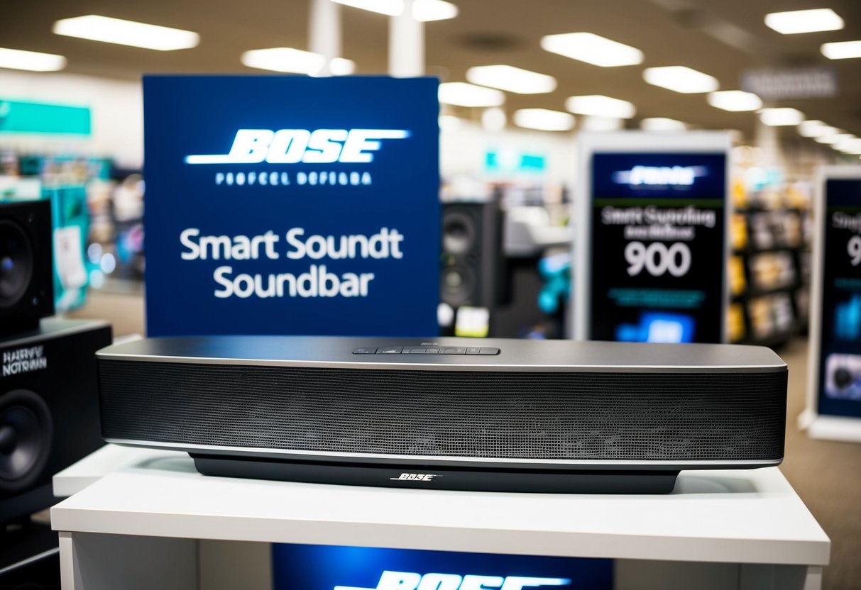 A sleek Bose Smart Soundbar 900 sits on a display stand at a Harvey Norman store, surrounded by promotional signage and other audio equipment
