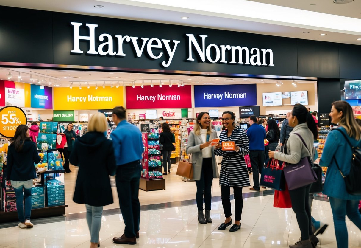A bustling Harvey Norman store with colorful promotional displays and excited customers browsing the latest deals