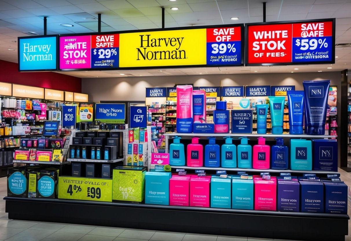 A vibrant display of Harvey Norman products with eye-catching promotional signs and banners, showcasing a variety of deals and discounts
