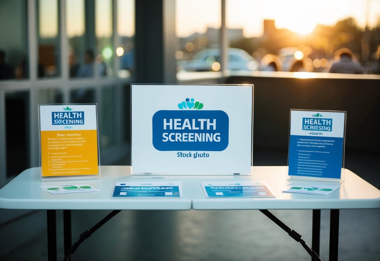 A table with health screening equipment and promotional materials displayed
