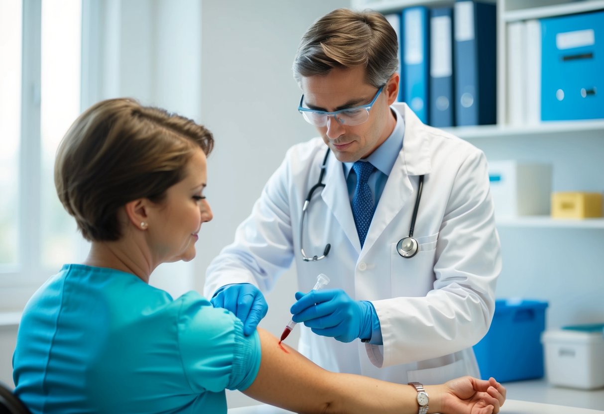 A doctor's office with a lab technician drawing blood from a patient's arm for a cholesterol test