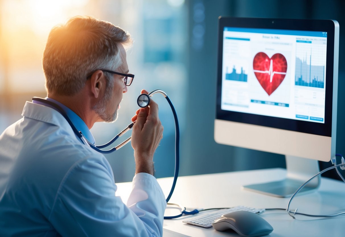 A doctor using a stethoscope to listen to a beating heart while a computer screen displays cardiac data