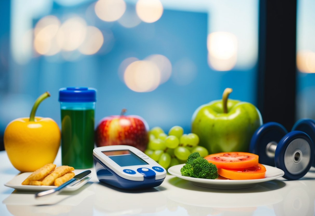 A table with a blood glucose monitor, healthy food, and exercise equipment displayed for a diabetes risk assessment health screening promotion