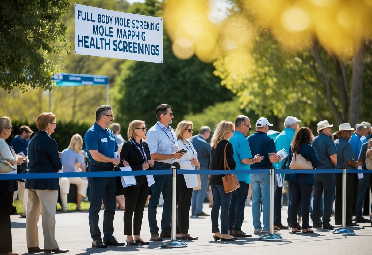 A sunny outdoor event with a line of people waiting for full body mole mapping health screenings. A promotional banner hangs above the booth