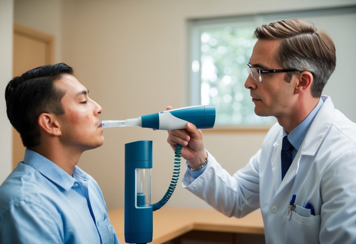 A medical professional conducting lung function testing on a patient in a clinic setting. The patient is seated and breathing into a spirometer while the professional monitors the results
