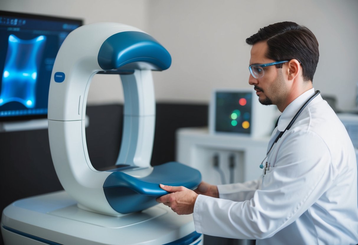 A technician operates a bone density scanner in a clinical setting