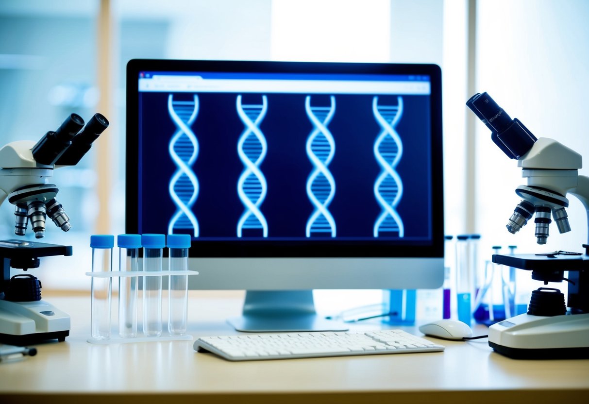 A laboratory setting with test tubes, microscopes, and DNA sequences displayed on a computer screen