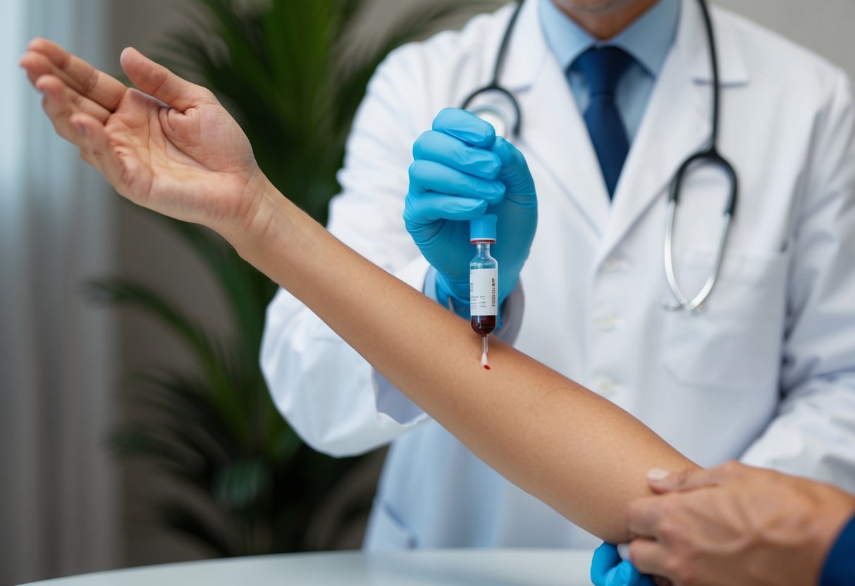 A doctor drawing blood from a vial while a patient holds out their arm for allergy testing