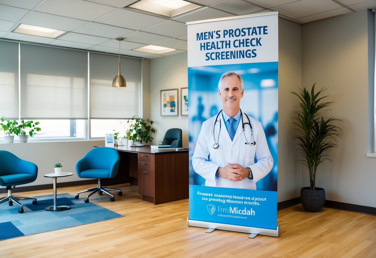 A doctor's office with a promotional banner for men's prostate health check screenings