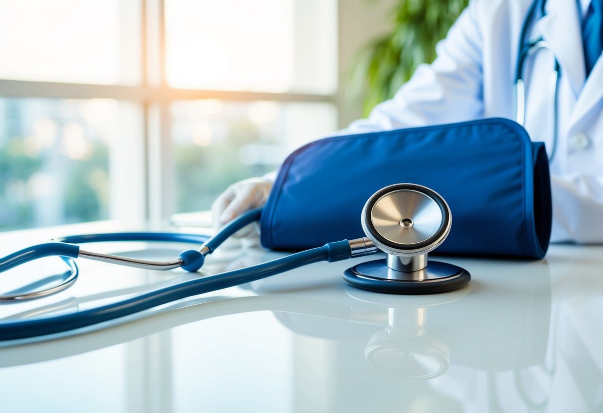 A doctor's stethoscope and blood pressure cuff on a clean, white medical table