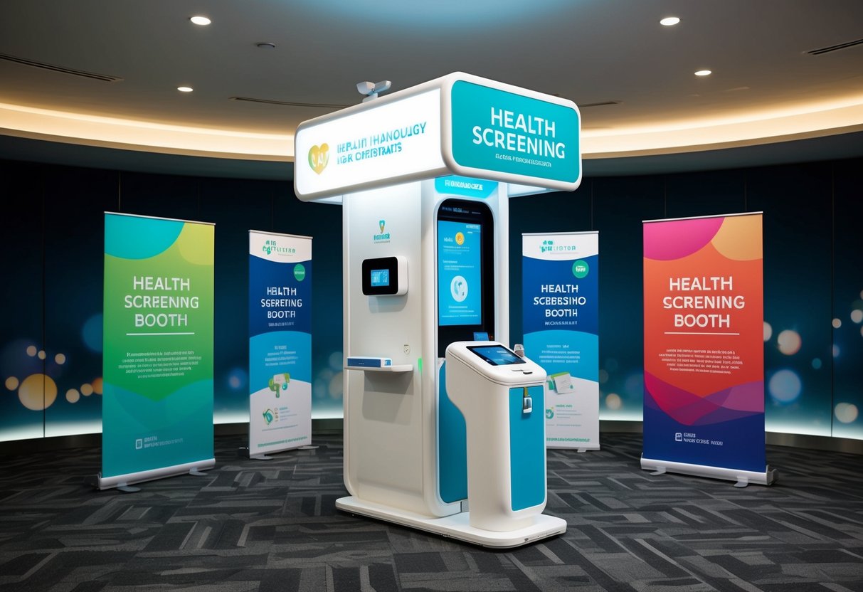 A futuristic health screening booth with advanced technology and colorful promotional banners