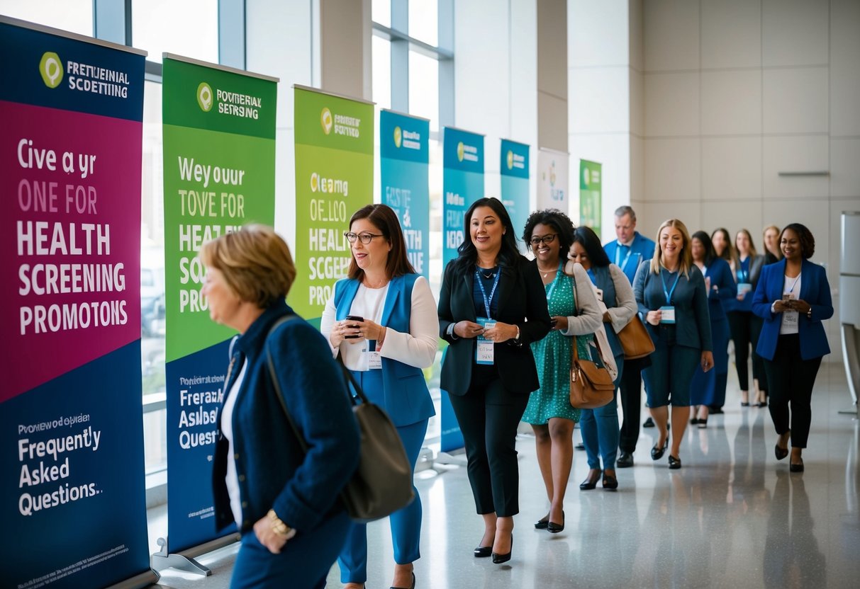 A group of people lining up for health screening promotions, with banners and signage promoting frequently asked questions