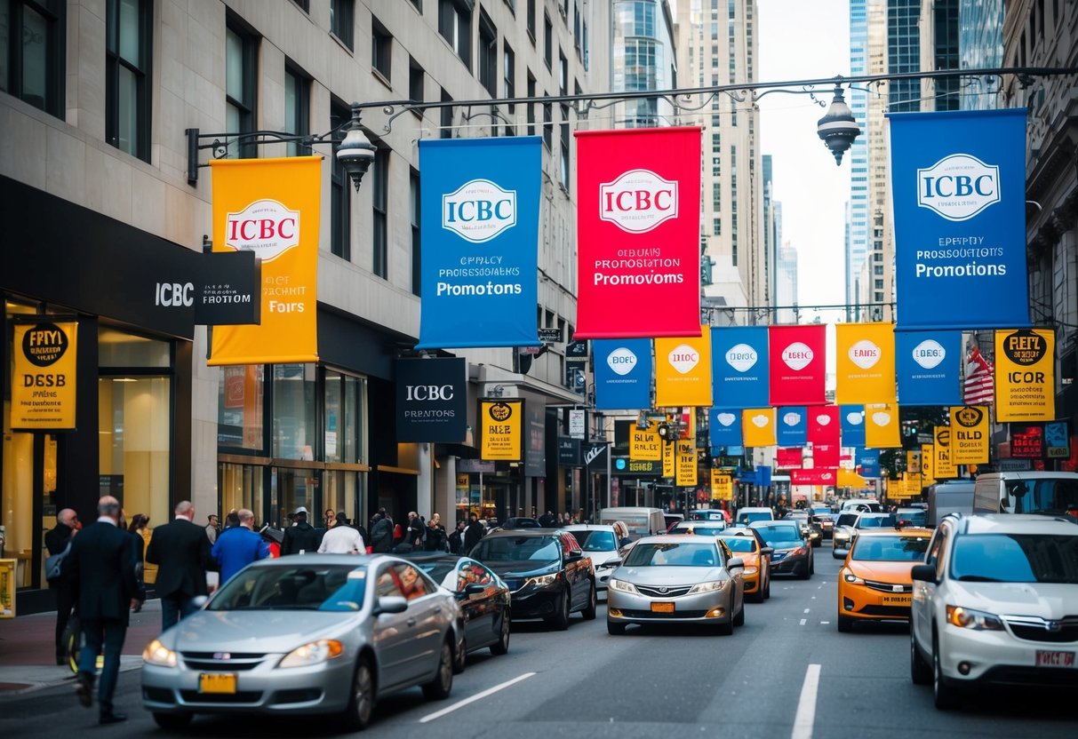 A bustling city street with colorful banners and signs promoting ICBC promotions
