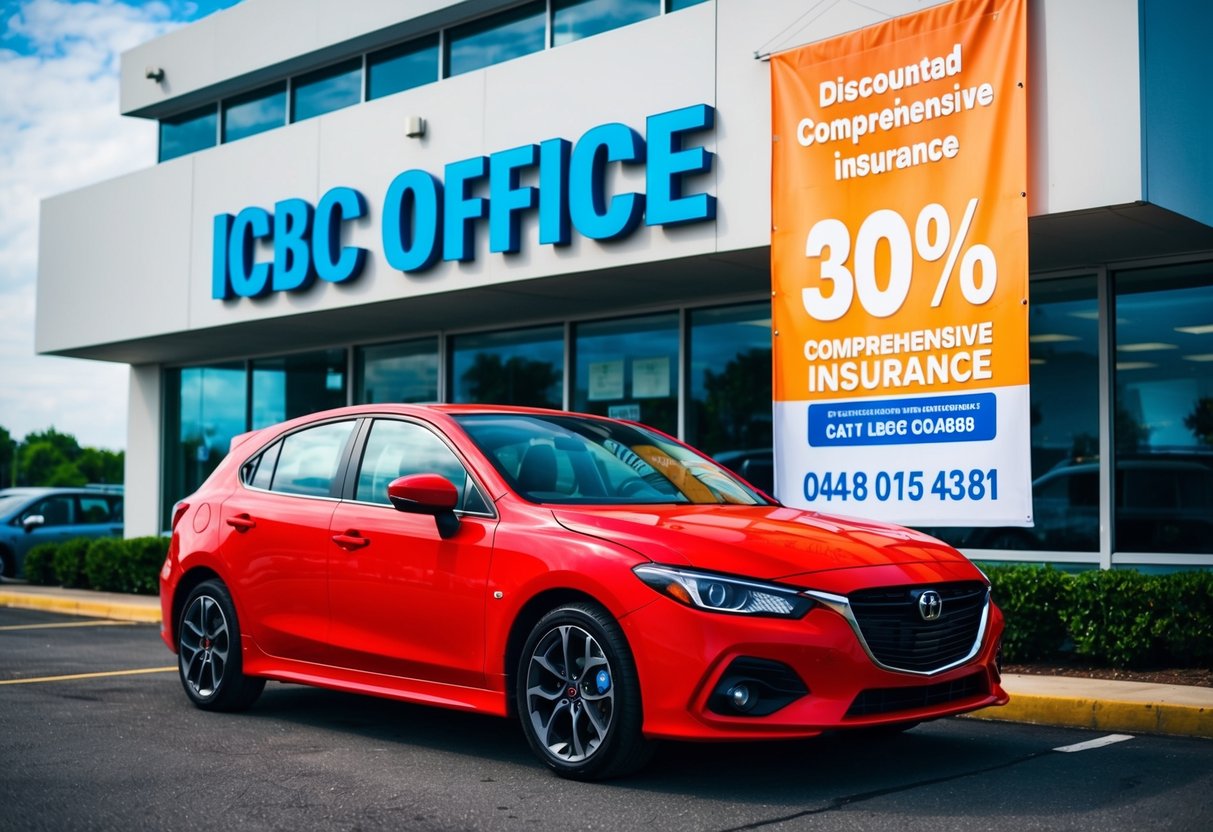 A bright red car parked in front of an ICBC office, with a large banner promoting discounted comprehensive insurance hanging on the building