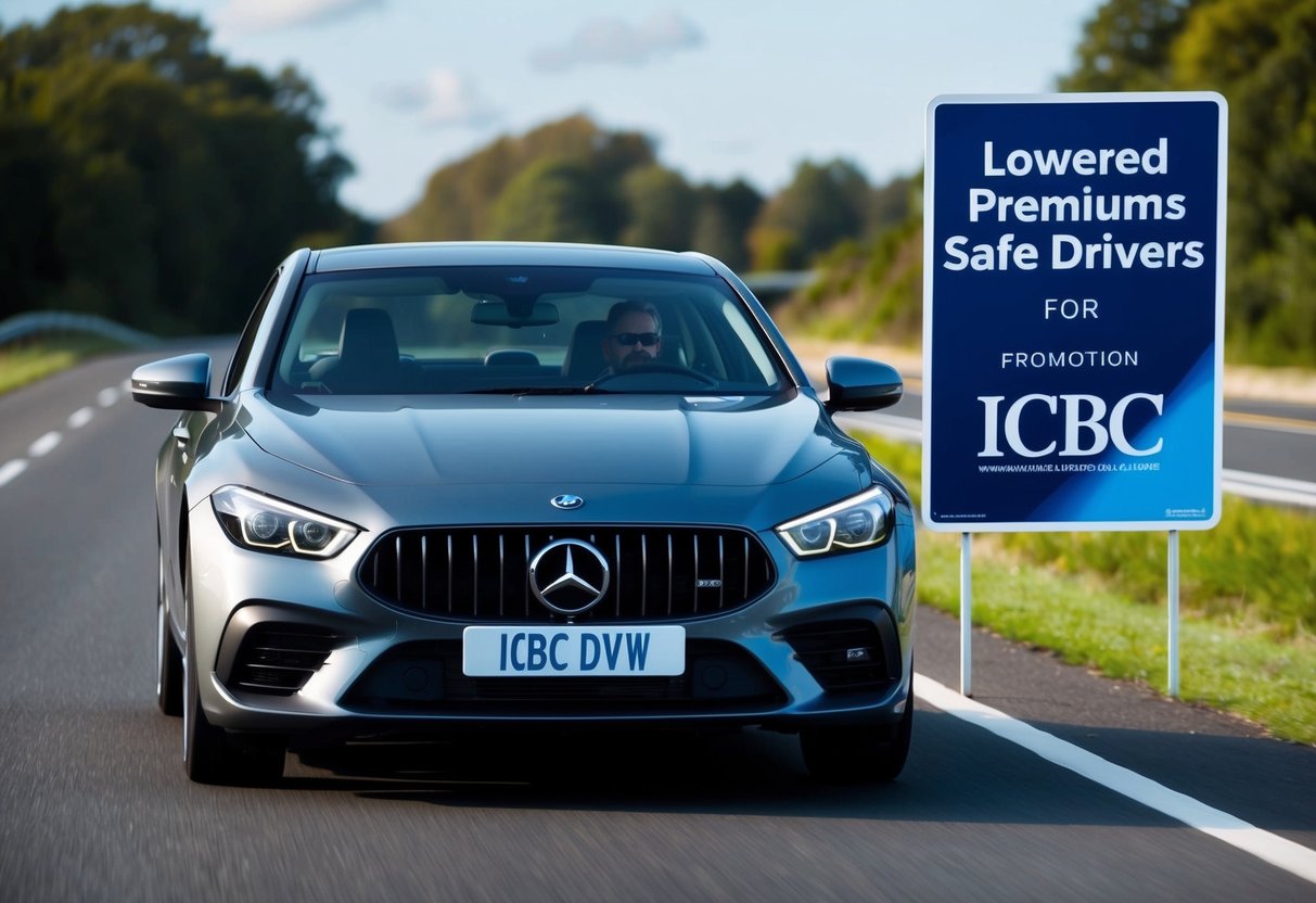 A car driving smoothly on a clear road with a "Lowered Premiums for Safe Drivers" ICBC promotion sign displayed prominently