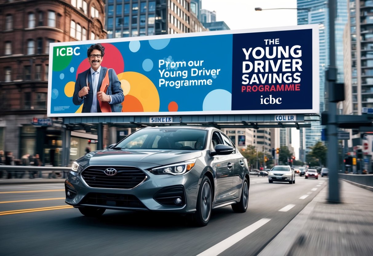 A car driving through a city with a promotional banner for the Young Driver Savings Programme from ICBC displayed on a billboard