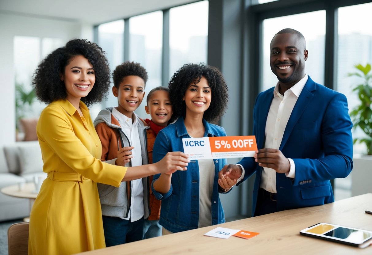A family of four happily receives a discount voucher from an ICBC representative