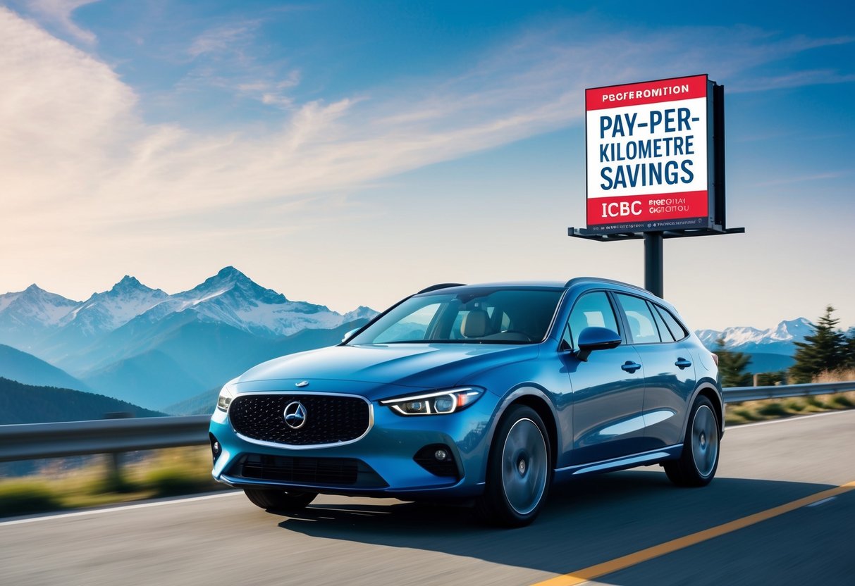 A car driving through a scenic mountain landscape with a "Pay-Per-Kilometre Savings" ICBC promotion billboard in the background