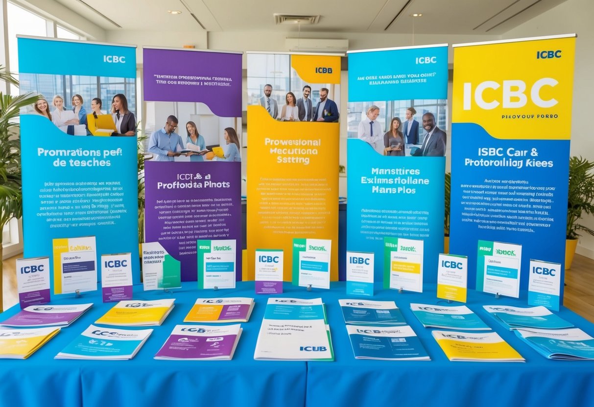 A colorful display of ICBC promotional materials, including banners, posters, and brochures, arranged neatly on a table in a bright and inviting setting