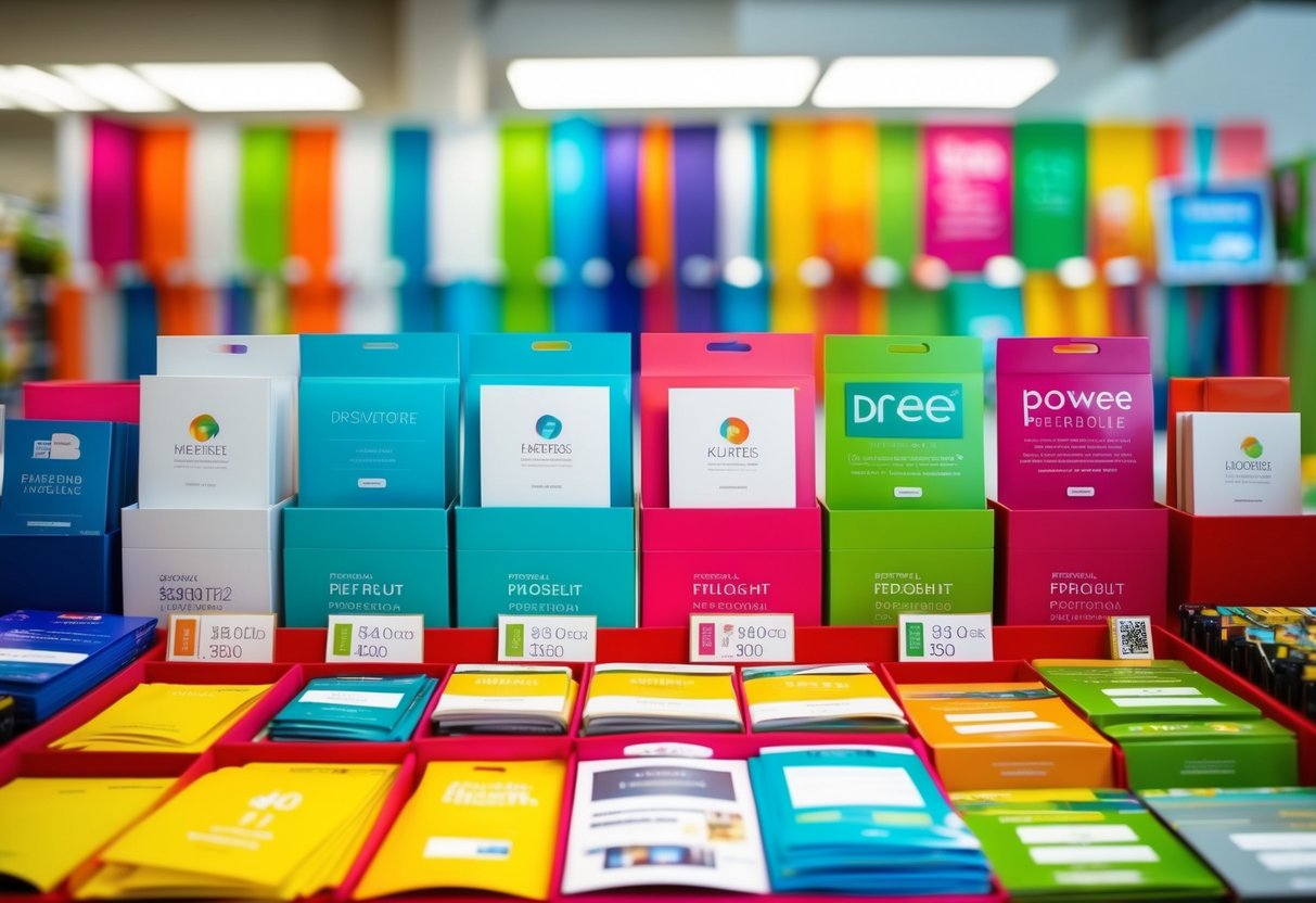 A vibrant display of colorful promotional materials and products arranged in an eye-catching manner