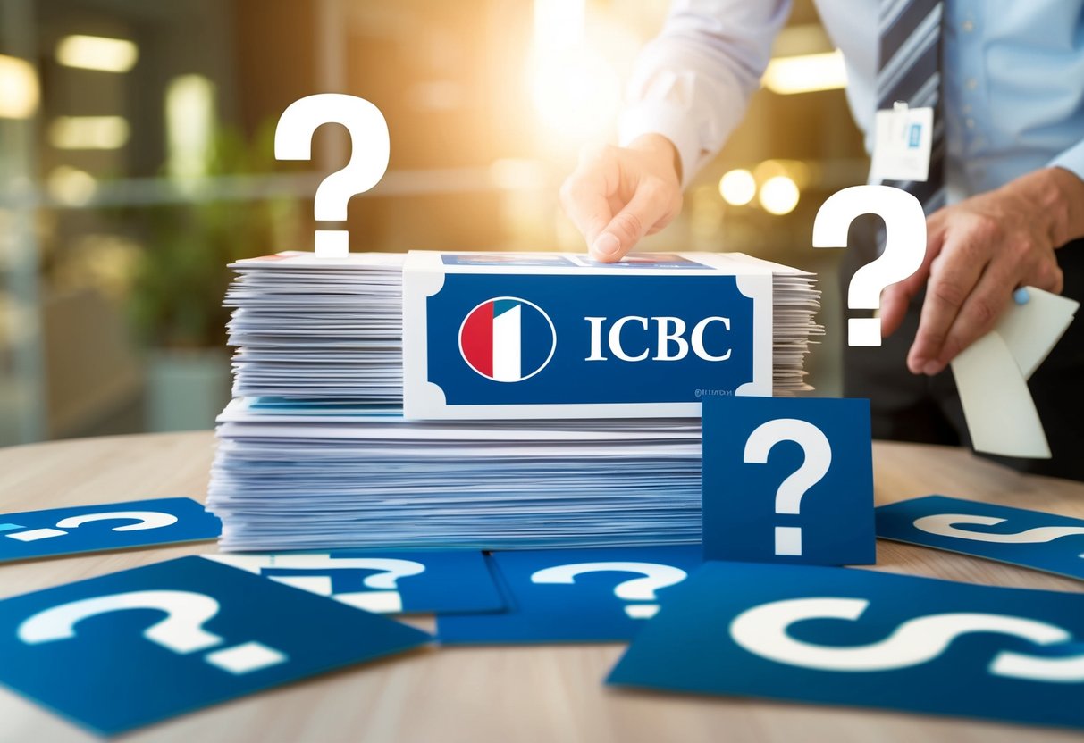A stack of promotional materials with the ICBC logo, surrounded by question marks and a customer service representative