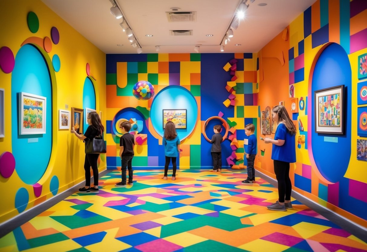 A colorful, whimsical room with optical illusion artwork covering the walls and floor. Visitors interact with 3D paintings and installations
