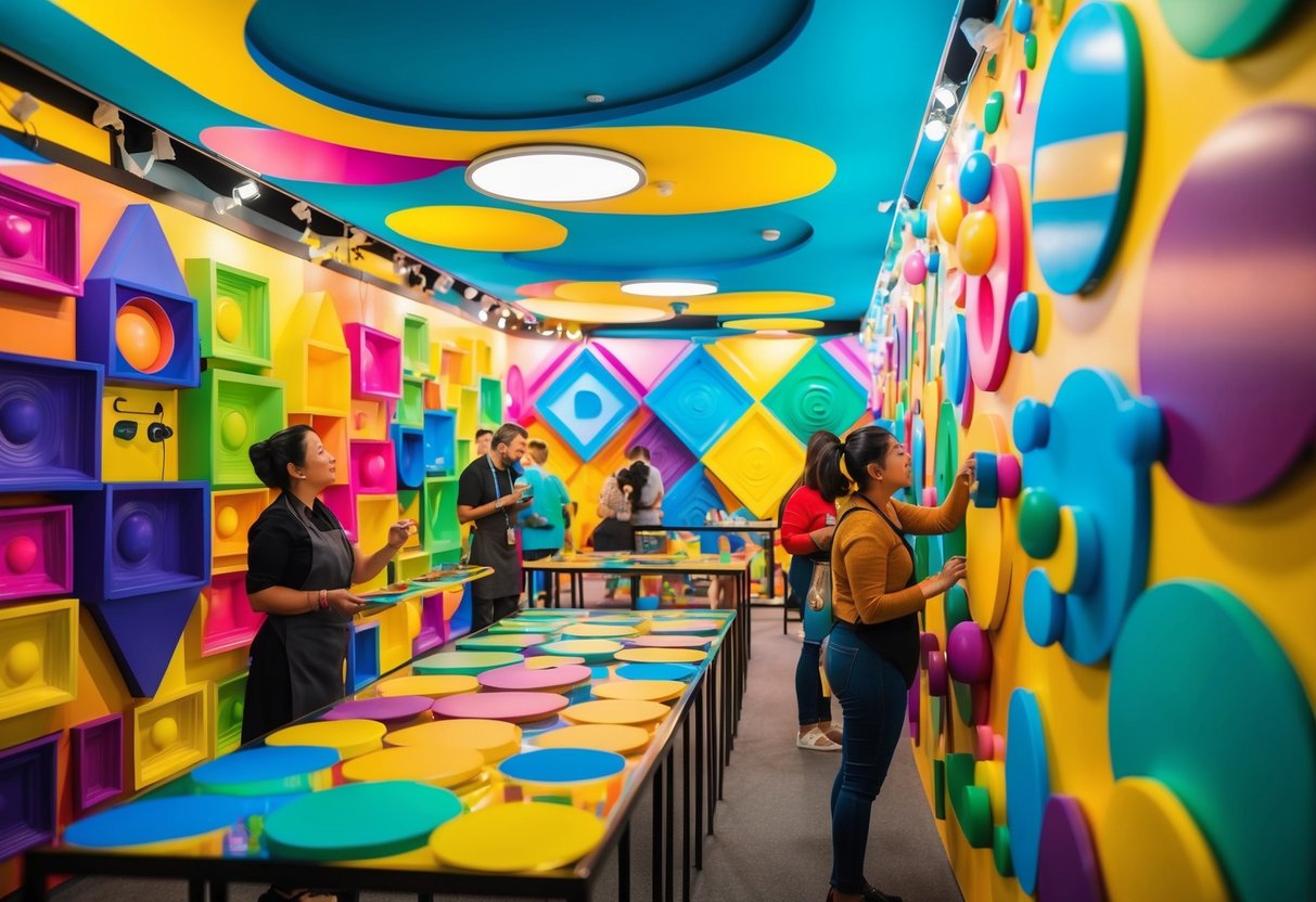 A colorful 3D painting workshop with vibrant illusions and interactive exhibits, promoting creativity at a trick eye museum