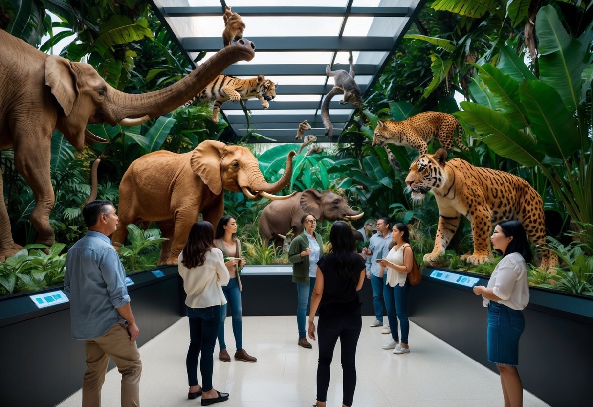 A virtual jungle scene with AR animals coming to life among museum visitors