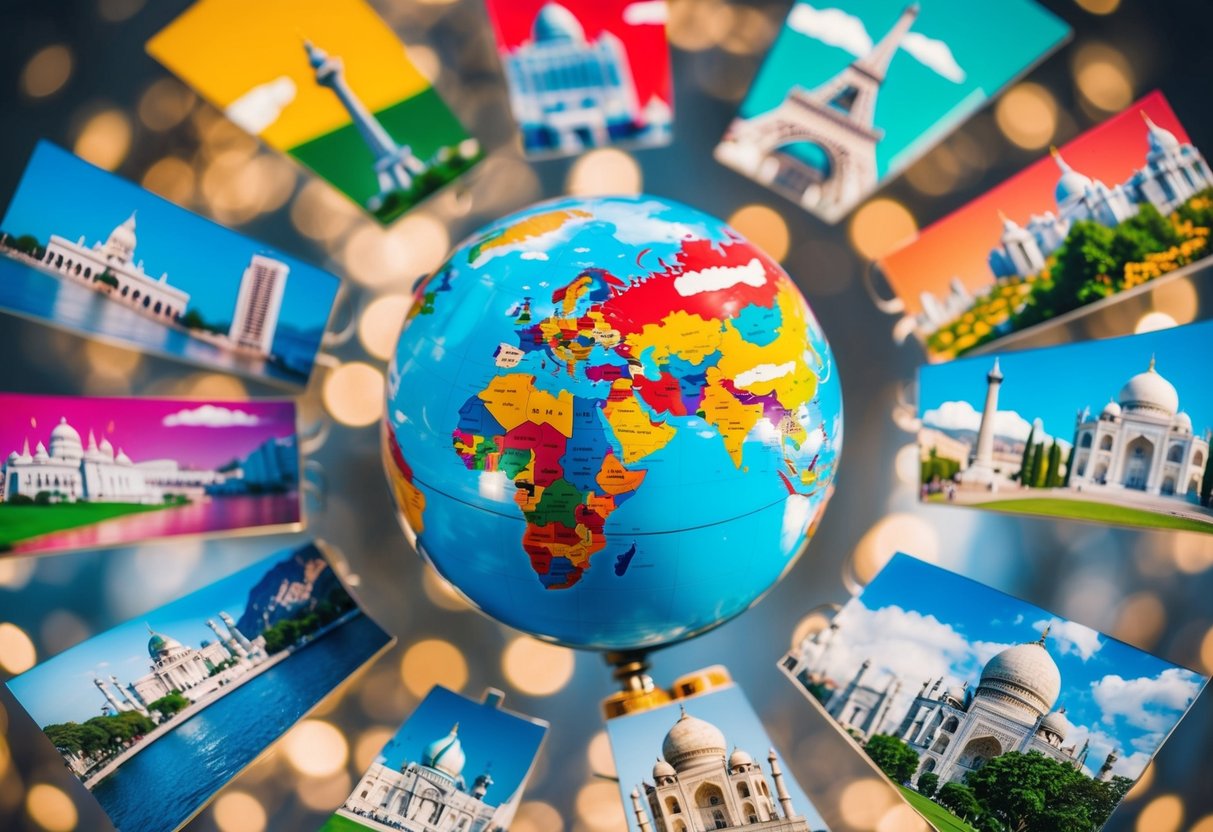 A globe surrounded by iconic landmarks, with vibrant colors and whimsical designs representing different countries