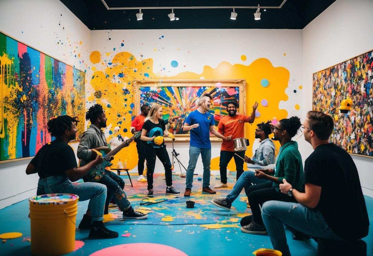 A vibrant art jam session at a trick eye museum, with paint splatters and creative chaos, promoting a sense of purpose and imagination