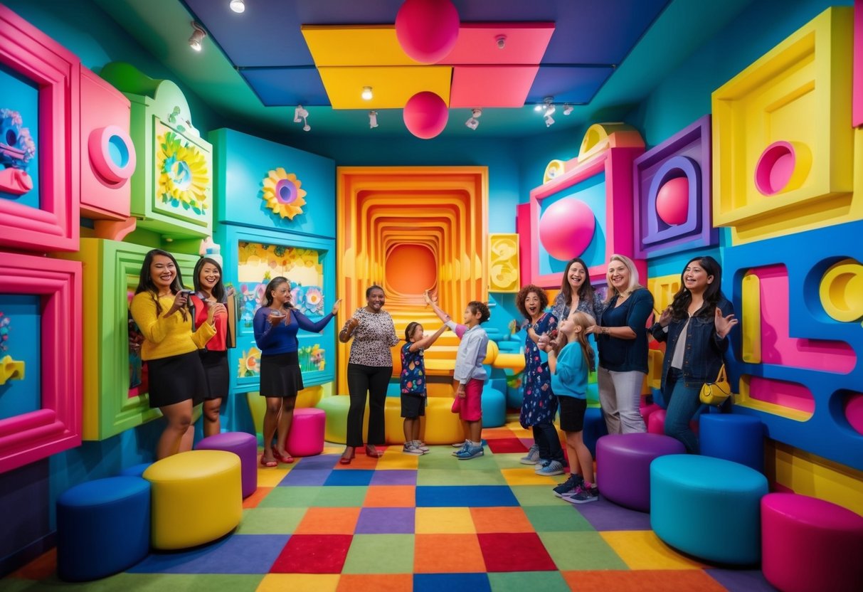 A colorful, whimsical room filled with larger-than-life 3D illusions and vibrant artwork, with visitors interacting and posing with the optical illusions