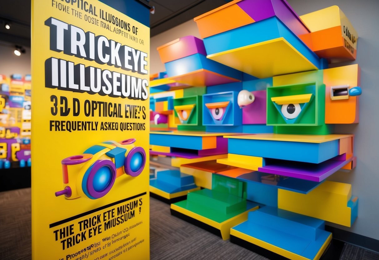 A colorful display of 3D optical illusions promoting the trick eye museum's frequently asked questions