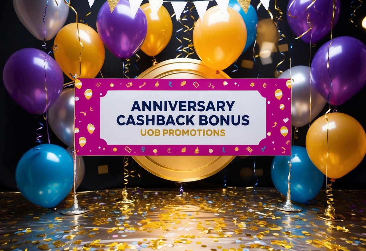 A festive party scene with balloons, confetti, and a large banner displaying "Anniversary Cashback Bonus UOB Promotions."