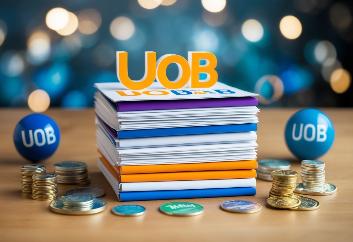 A stack of UOB promotional materials surrounded by various items symbolizing benefits and rewards